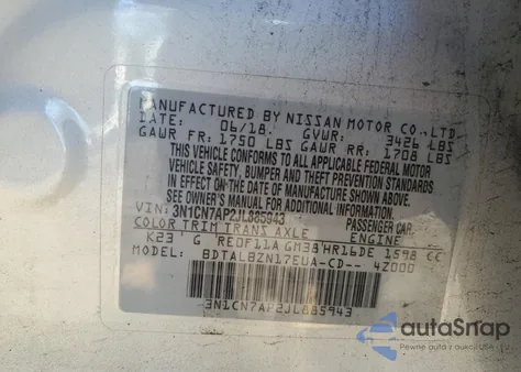 2018 Nissan Versa S from USA, damaged, VIN 3N1CN7AP2JL885943